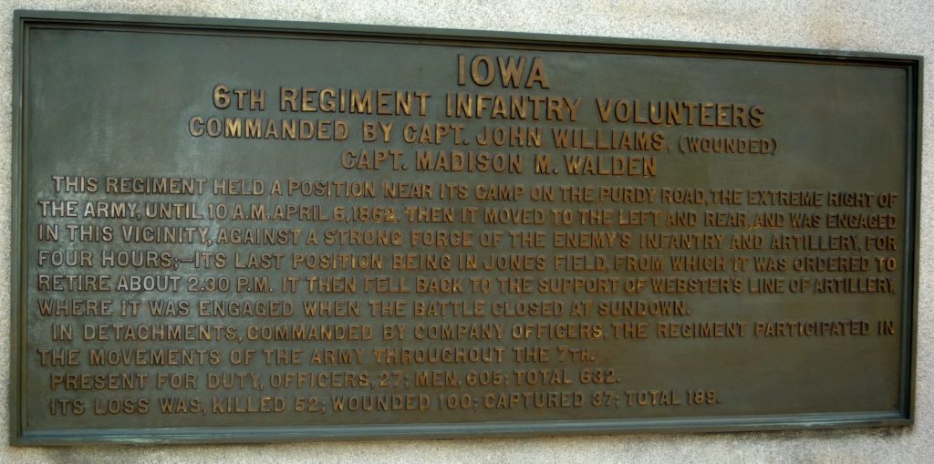 6TH IOWA INFANTRY REGIMENT AT SHILOH MEMORIAL PLAQUE