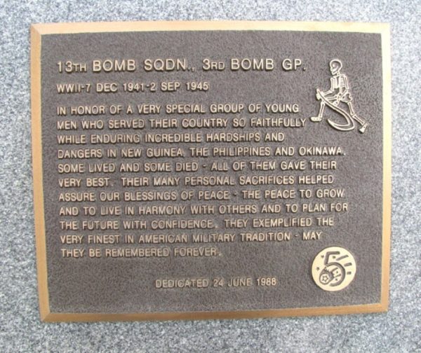 13TH BOMB SQDN WAR MEMORIAL PLAQUE