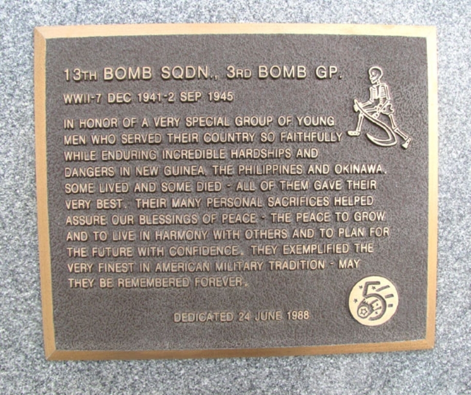 13TH BOMB SQDN WAR MEMORIAL PLAQUE