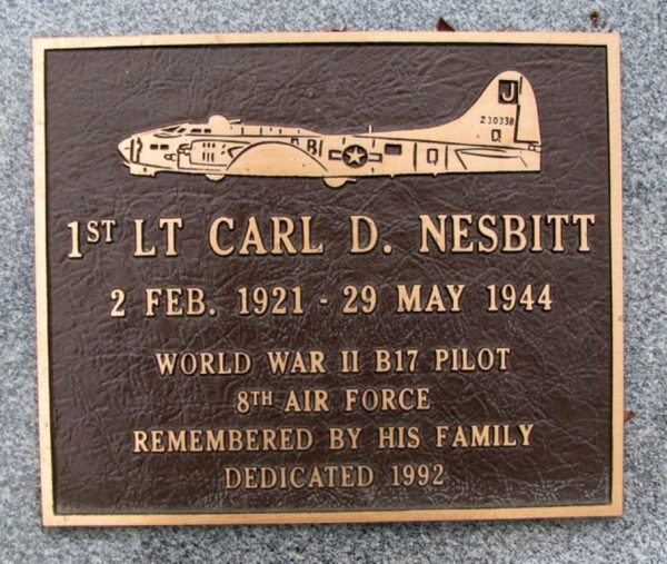 1ST LT CARL D. NESBITT WAR MEMORIAL PLAQUE