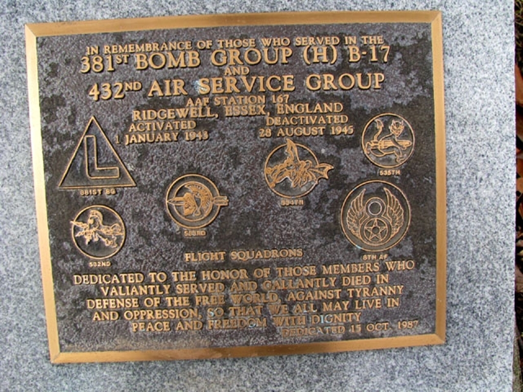 381ST BOMB GROUP (H) B-17 WAR MEMORIAL PLAQUE