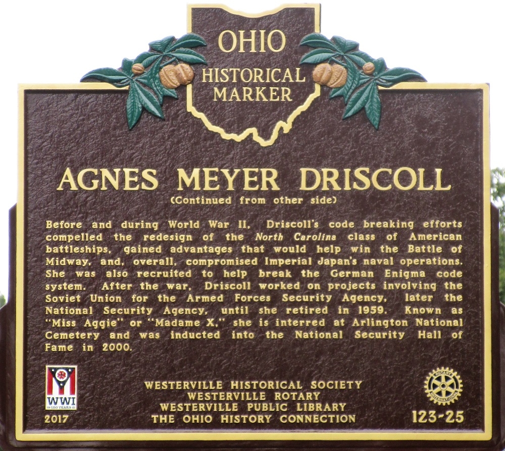 AGNES MEYER DRISCOLL WAR MEMORIAL MARKER BACK