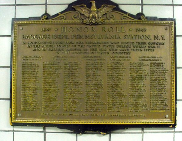 BAGGAGE DEPT., PENNSYLVANIA STATION, N.Y. MEMORIAL PLAQUE ORIGINAL