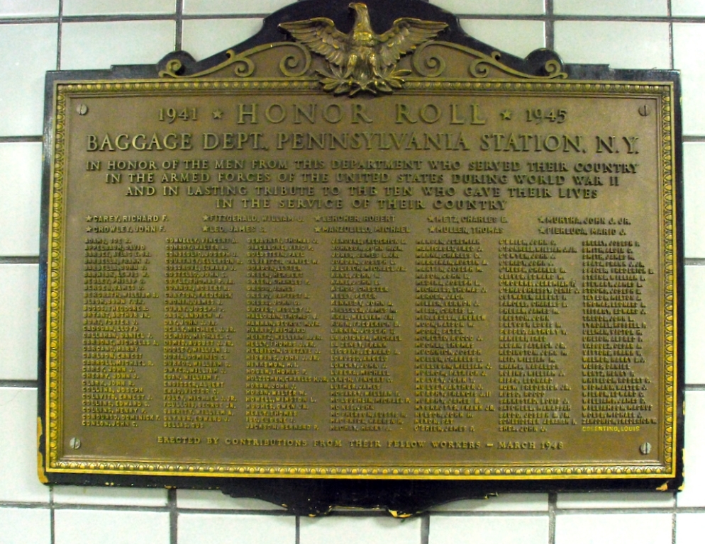 BAGGAGE DEPT., PENNSYLVANIA STATION, N.Y. MEMORIAL PLAQUE ORIGINAL