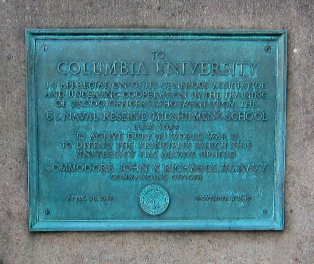 COLUMBIA UNIVERSITY MIDSHIPMEN’S SCHOOL MEMORIAL PLAQUE