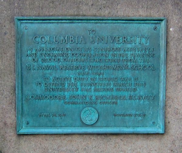 COLUMBIA UNIVERSITY MIDSHIPMEN’S SCHOOL MEMORIAL PLAQUE