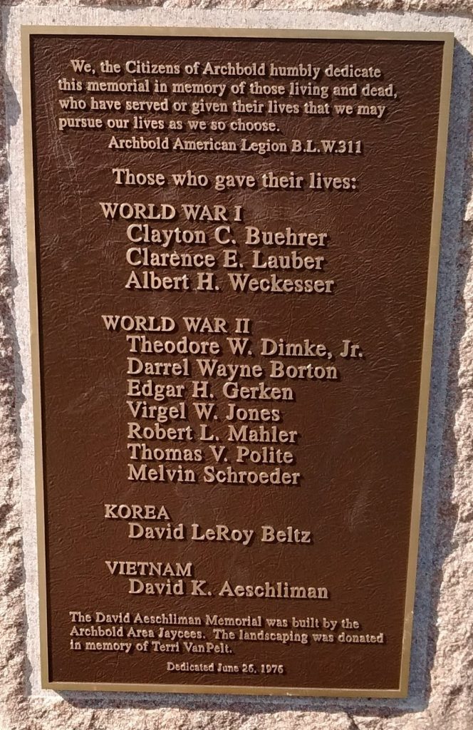 DAVID K. AESCHLIMAN WAR MEMORIAL PLAQUE C