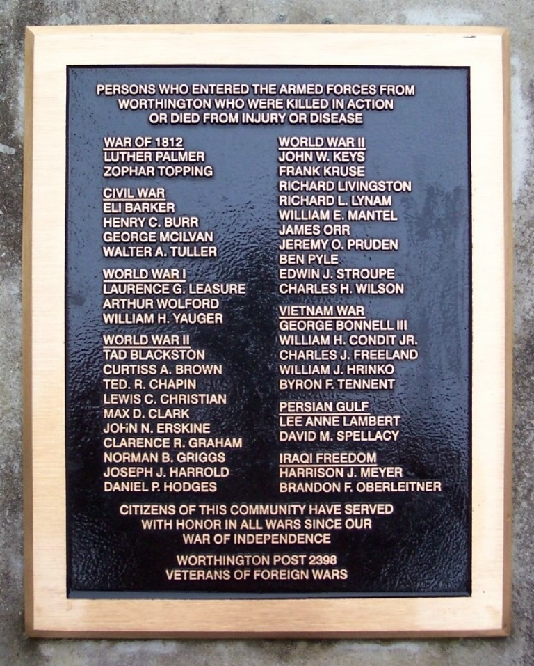 WORTHINGTON VETERANS FOUNTAIN MEMORIAL PLAQUE B