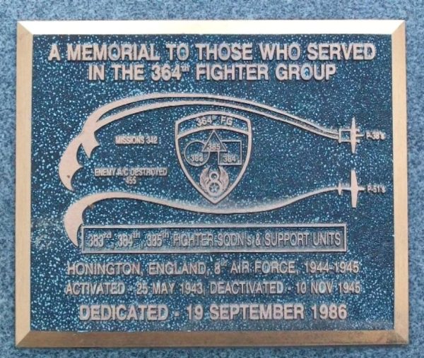 364TH FIGHTER GROUP HONINGTON ENGLAND MEMORIAL PLAQUE