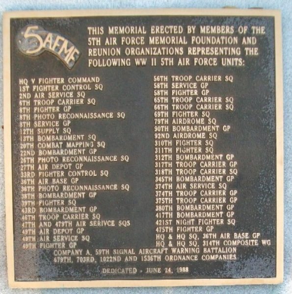 5TH AIR FORCE WAR MEMORIAL PLAQUE D