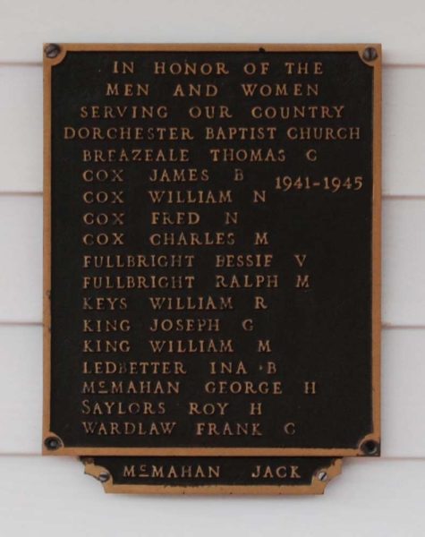 DORCHESTER BAPTIST CHURCH WORLD WAR II VETERANS MEMORIAL PLAQUE