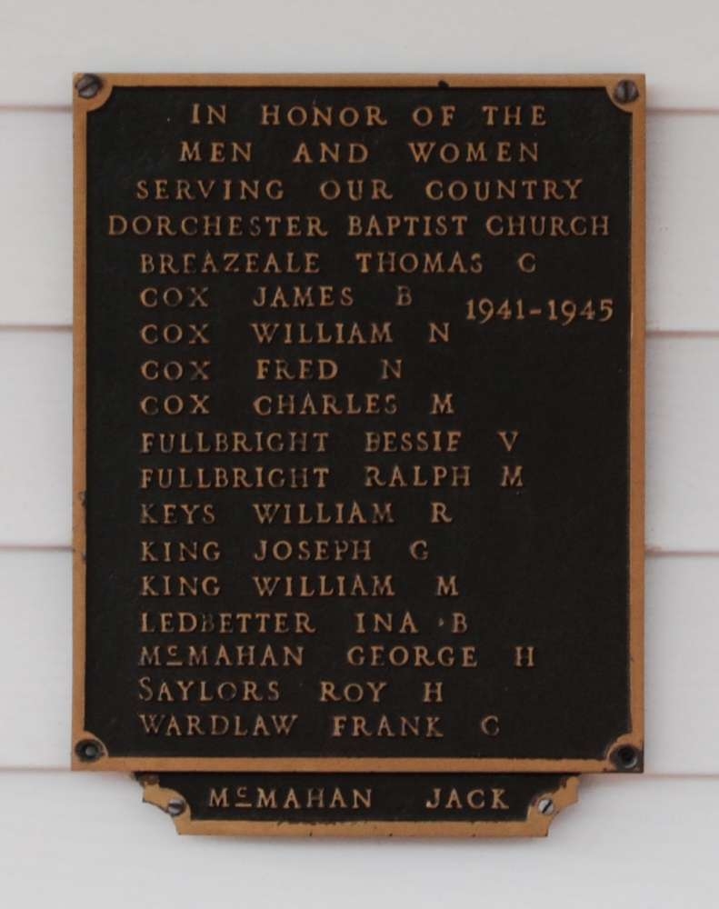 DORCHESTER BAPTIST CHURCH WORLD WAR II VETERANS MEMORIAL PLAQUE
