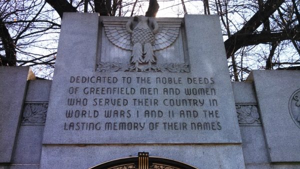 GREENFIELD WORLD WARS I AND II MEMORIAL DEDICATION STONE