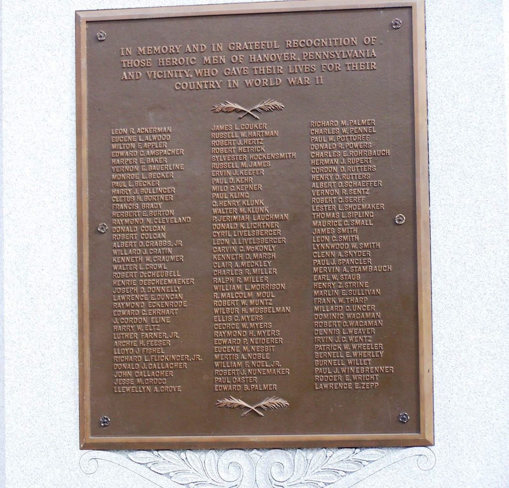 HANOVER WORLD WAR II MEMORIAL PLAQUE