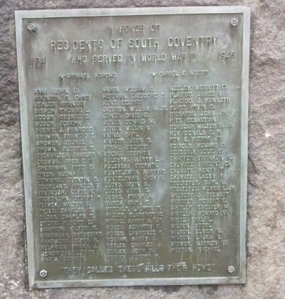SOUTH COVENTRY WORLD WAR II MEMORIAL PLAQUE