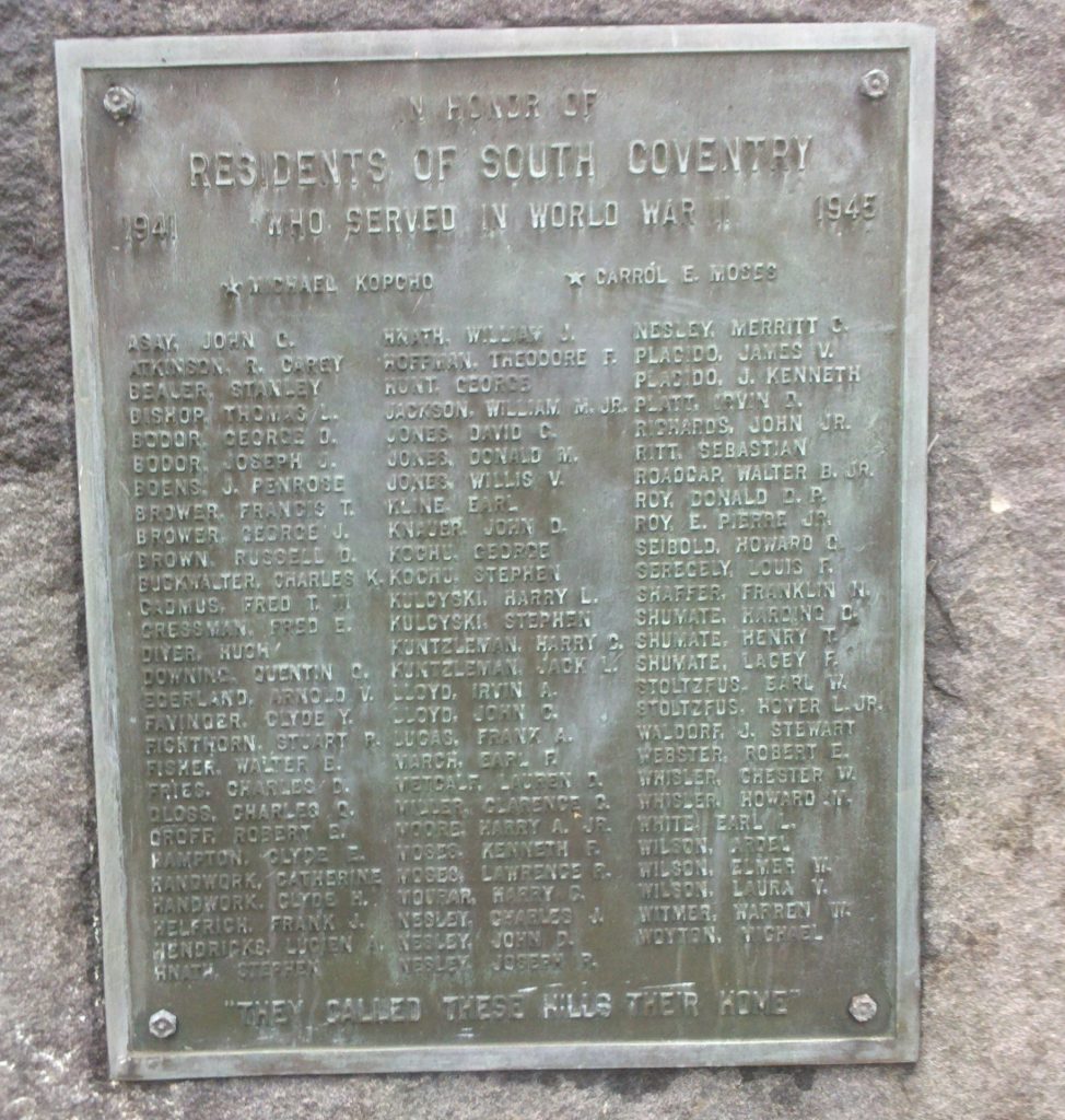 SOUTH COVENTRY WORLD WAR II MEMORIAL PLAQUE