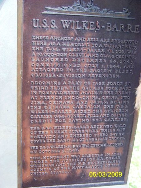 U.S.S. WILKES-BARRE WAR MEMORIAL PLAQUE