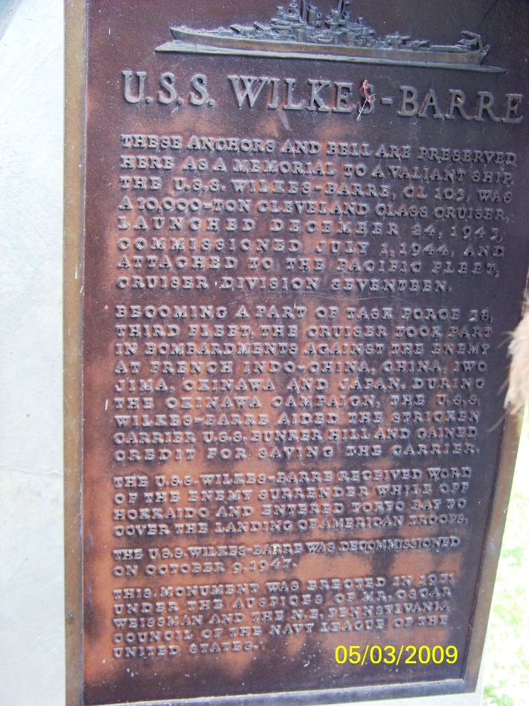 U.S.S. WILKES-BARRE WAR MEMORIAL PLAQUE