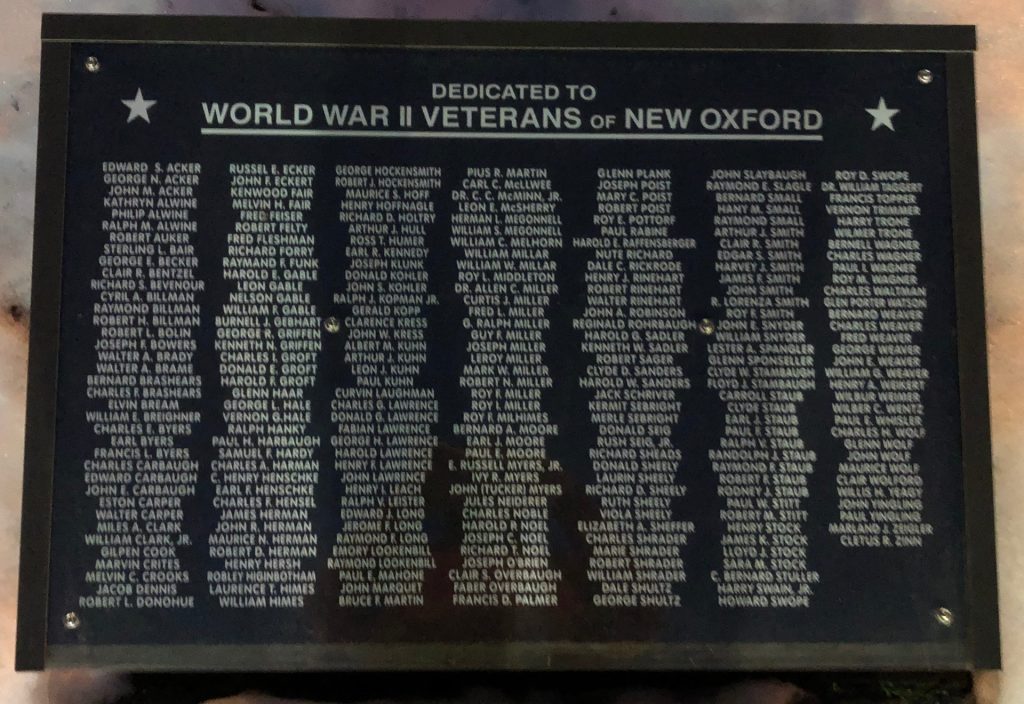 WORLD WAR II VETERANS OF NEW OXFORD MEMORIAL PLAQUE A