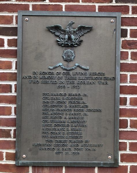 AMERICAN LEGION POST 14 KOREAN WAR MEMORIAL PLAQUE