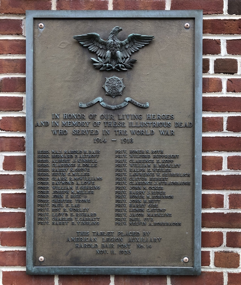 AMERICAN LEGION POST 14 WORLD WAR MEMORIAL PLAQUE