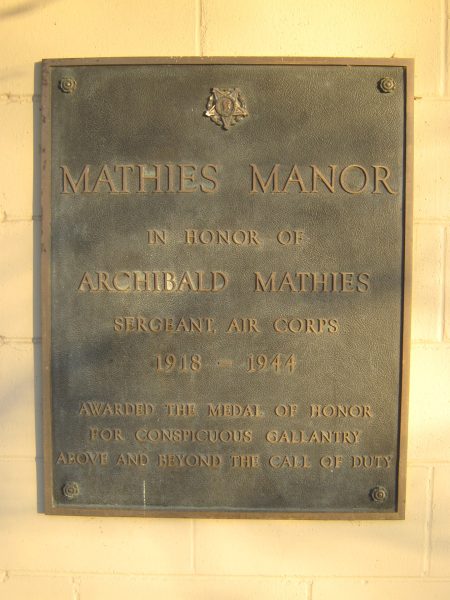MATHIES MANOR MEDAL OF HONOR WAR MEMORIAL PLAQUE