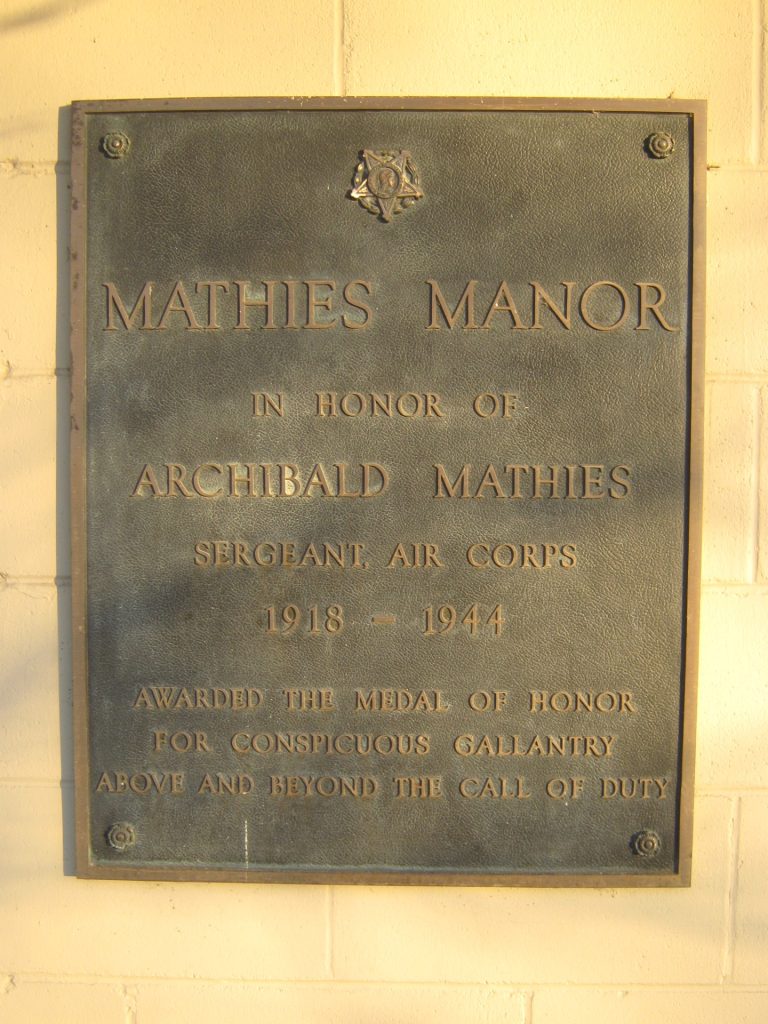MATHIES MANOR MEDAL OF HONOR WAR MEMORIAL PLAQUE
