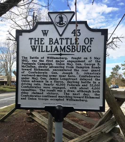 THE BATTLE OF WILLIAMSBURG WAR MEMORIAL MARKER