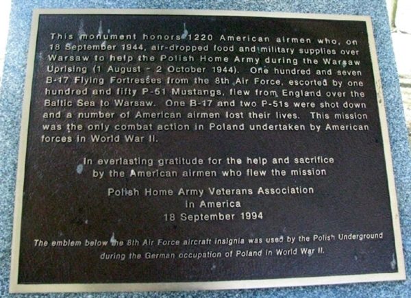 USAAF WARSAW UPRISING SUPPORT WAR MEMORIAL PLAQUE