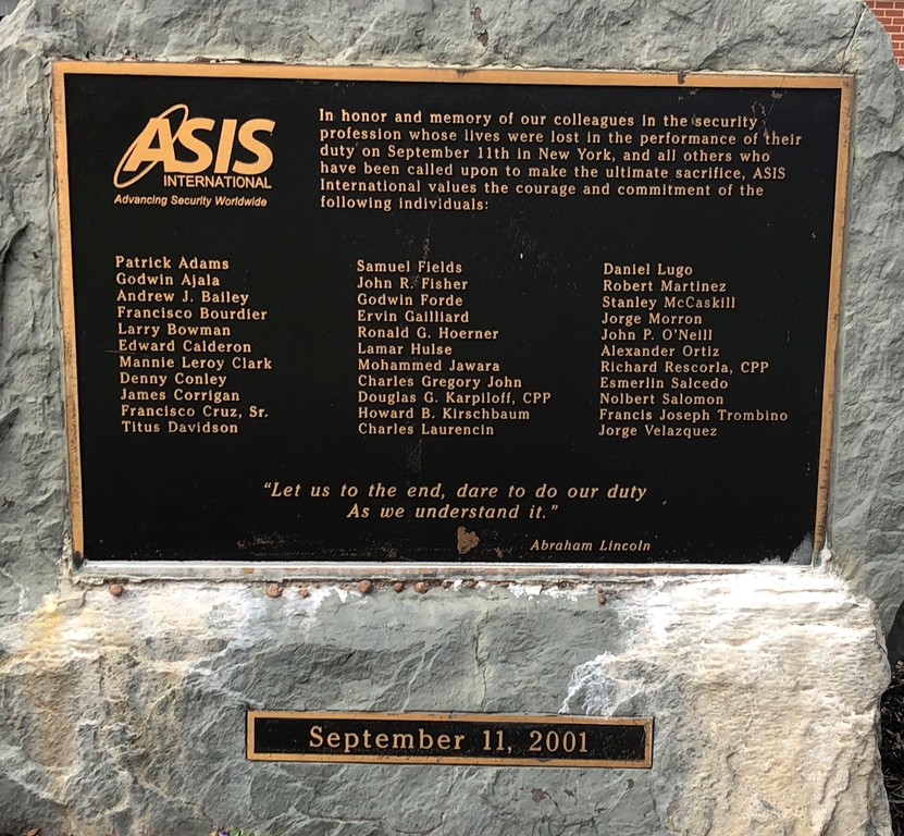 ASIS INTERNATIONAL SEPTEMBER 11TH MEMORIAL PLAQUE