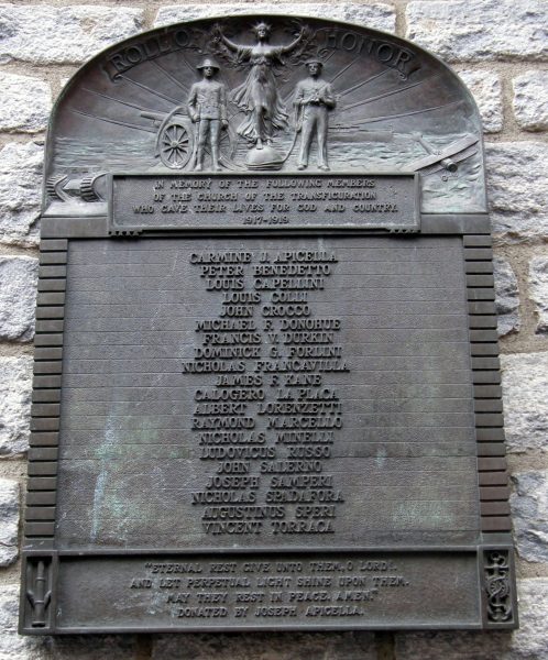 CHURCH OF THE TRANSFIGURATION ROLL OF HONOR WAR MEMORIAL PLAQUE