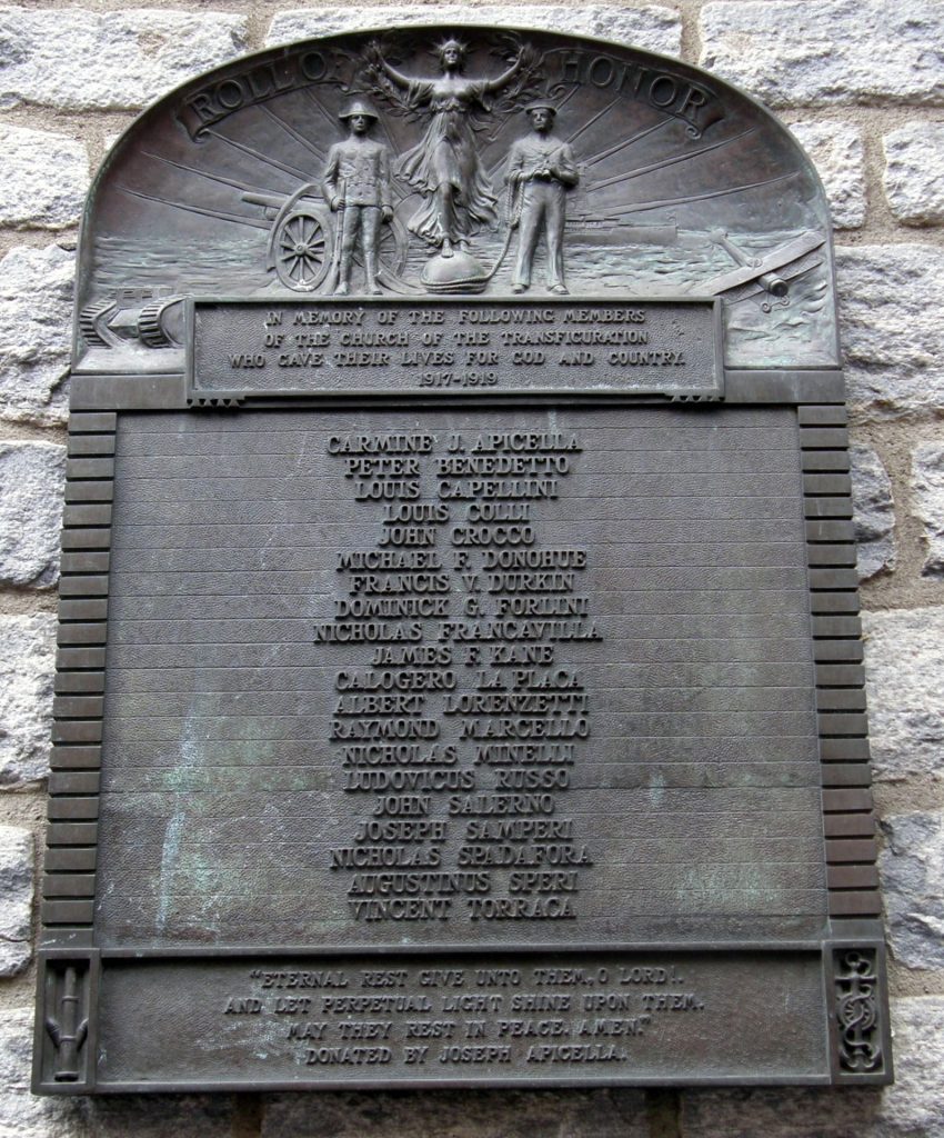 CHURCH OF THE TRANSFIGURATION ROLL OF HONOR WAR MEMORIAL PLAQUE