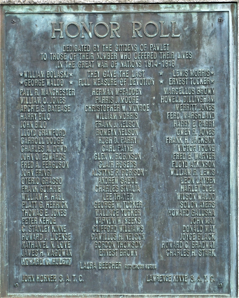 CITIZENS OF PAWLET GREAT WAR MEMORIAL PLAQUE