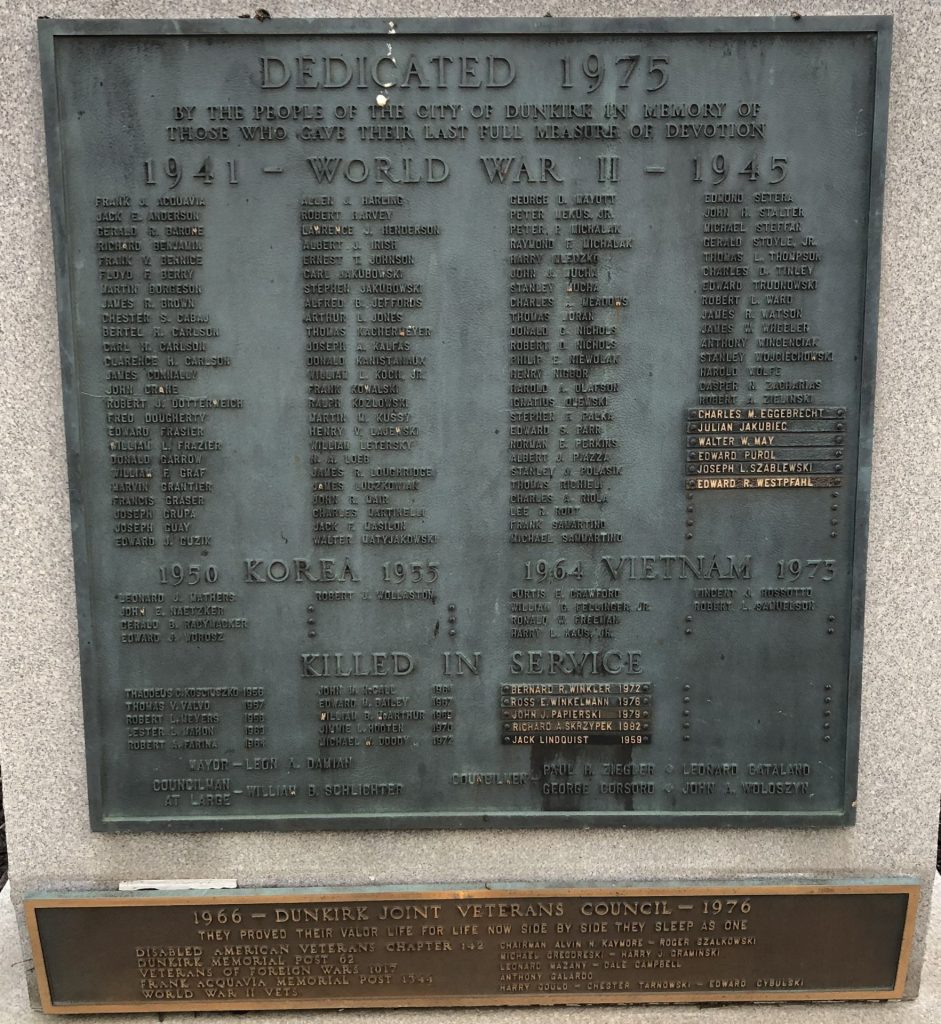 CITY OF DUNKIRK WAR VETERANS MEMORIAL PLAQUE