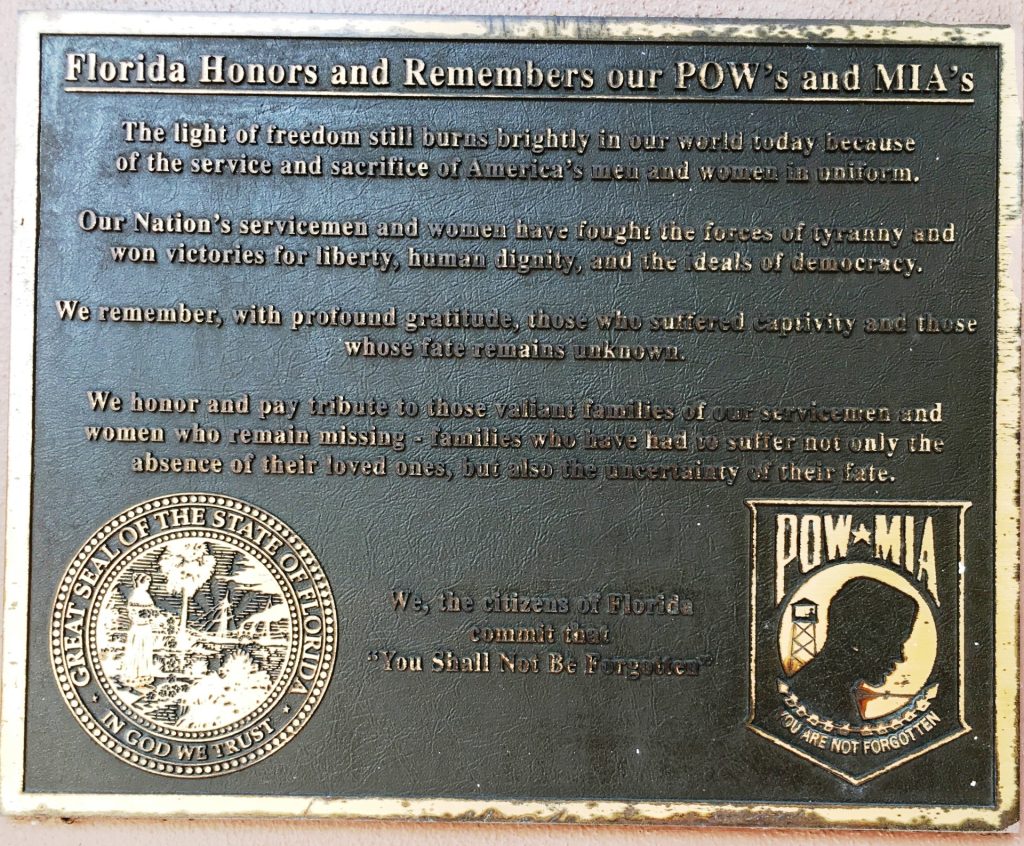 FLORIDA HONORS AND REMEMBERS OUR POW’S AND MIA’S MEMORIAL PLAQUE SAINT AUGUSTINE