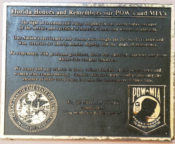FLORIDA HONORS AND REMEMBERS OUR POW’S AND MIA’S MEMORIAL PLAQUE SAINT AUGUSTINE