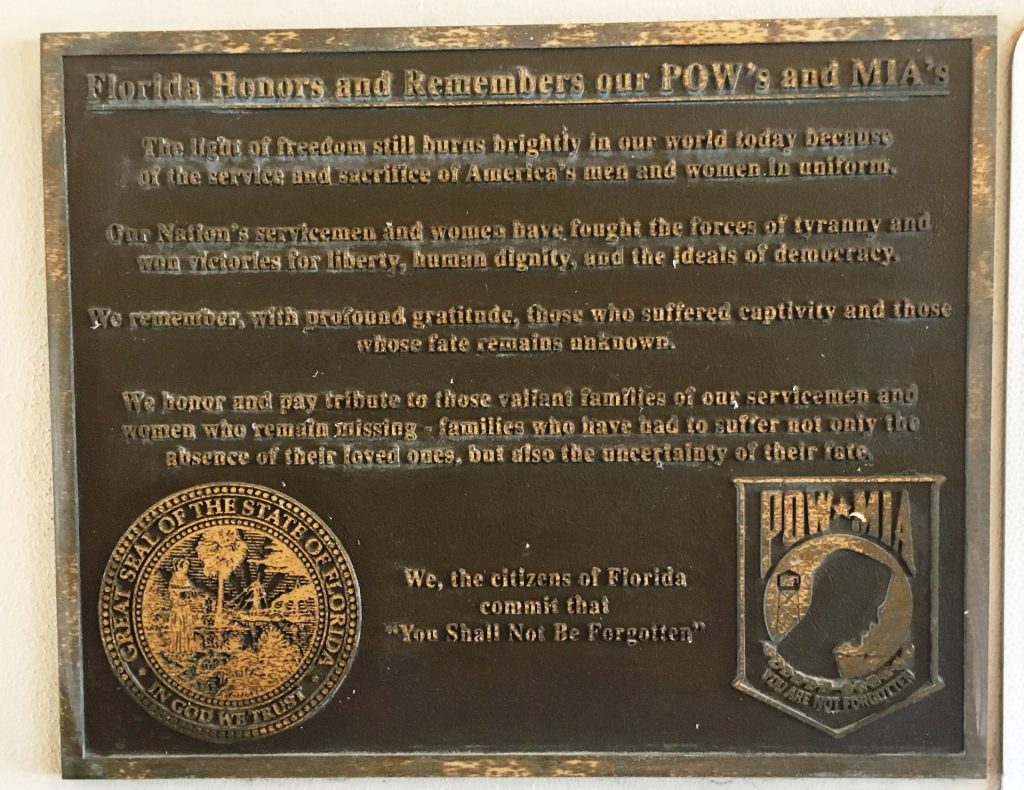 FLORIDA HONORS AND REMEMBERS OUR POW’S AND MIA’S MEMORIAL PLAQUE SAINT JOHS