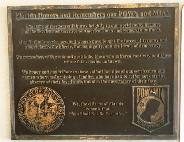 FLORIDA HONORS AND REMEMBERS OUR POW’S AND MIA’S MEMORIAL PLAQUE SAINT JOHS