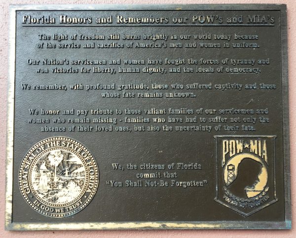 FLORIDA HONORS AND REMEMBERS OUR POW’S AND MIA’S MEMORIAL PLAQUE SAINT JOHNS II