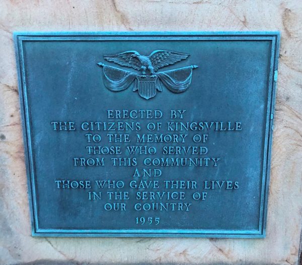 KINGSVILLE VETERANS MEMORIAL PLAQUE