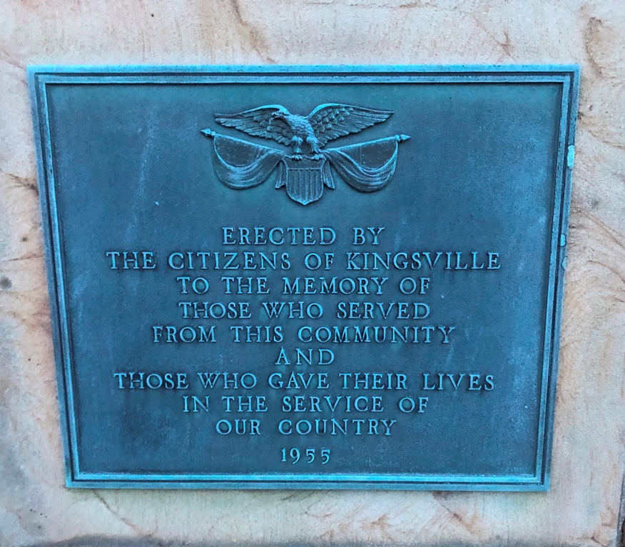 KINGSVILLE VETERANS MEMORIAL PLAQUE