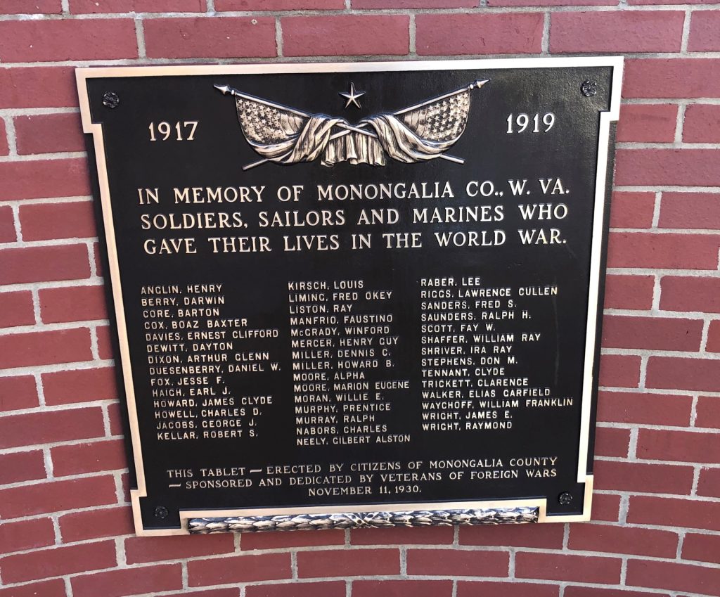 MONONGALIA COUNTY WORLD WAR I KILLED IN ACTION MEMORIAL PLAQUE