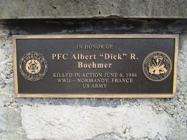 PFC ALBERT “DICK” R. BOEHMER WAR MEMORIAL PLAQUE
