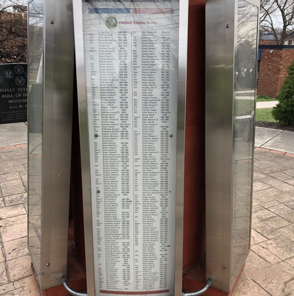RIPLEY VETERANS ROLL OF HONOR MONUMENT PLAQUE C