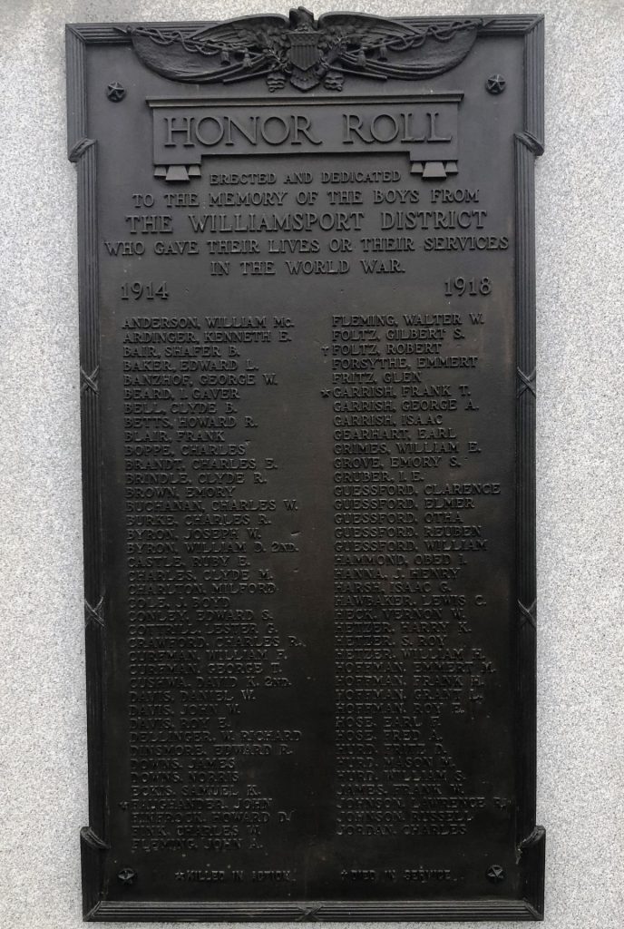 THE WILLIAMSPORT DISTRICT HONOR ROLL MEMORIAL PLAQUE A