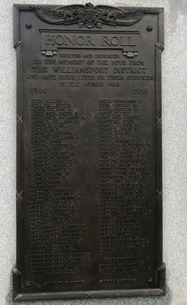THE WILLIAMSPORT DISTRICT HONOR ROLL MEMORIAL PLAQUE B