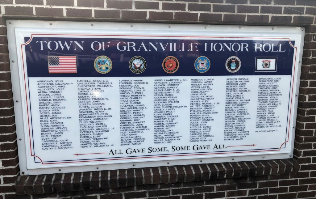 TOWN OF GRANVILLE HONOR ROLL MEMORIAL PLAQUE