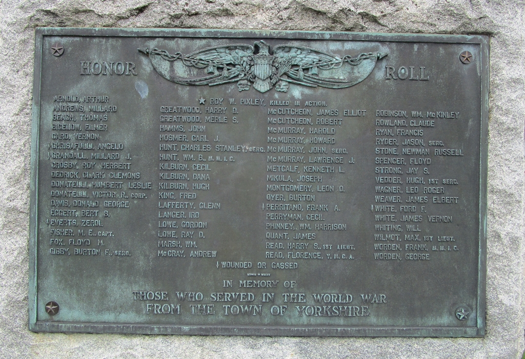 TOWN OF YORKSHIRE WORLD WAR MEMORIAL PLAQUE
