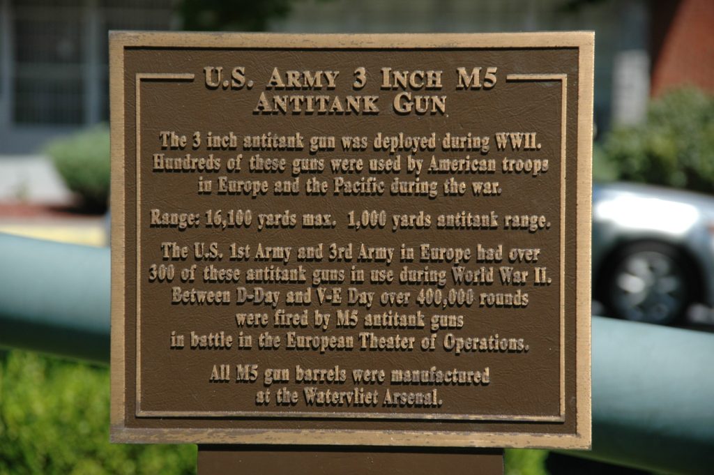 WATERVLIET U.S. ARMY 3 INCH M5 ANTITANK GUN MEMORIAL PLAQUE