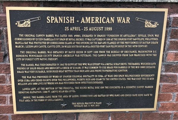WINNEBAGO COUNTY SPANISH-AMERICAN WAR MEMORIAL CANNON PLAQUE